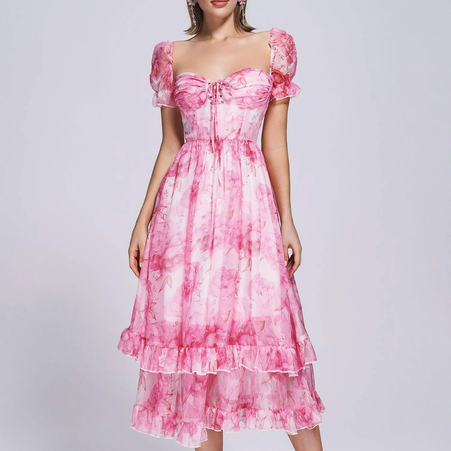 BEISHI été vacances femmes vêtements décontracté Corset Maxi rose imprimé fleuri dames robe à volants femmes en vrac