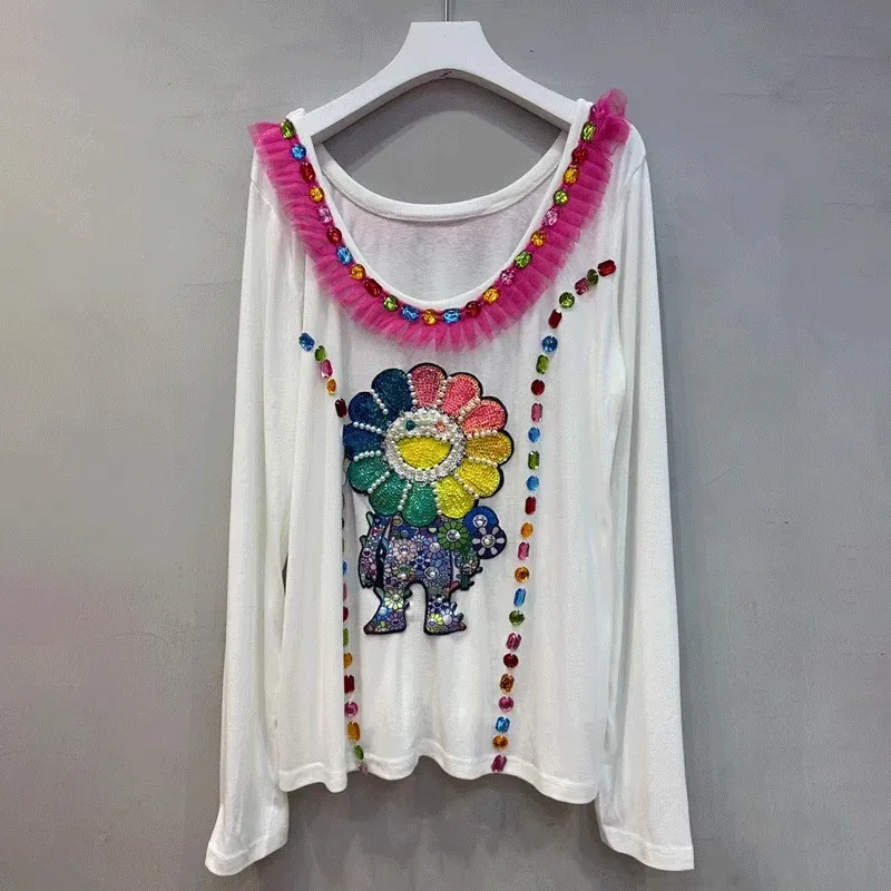 Camiseta informal holgada con cuello redondo para mujer, camiseta de manga larga a la moda con flores y cristales para primavera y otoño
