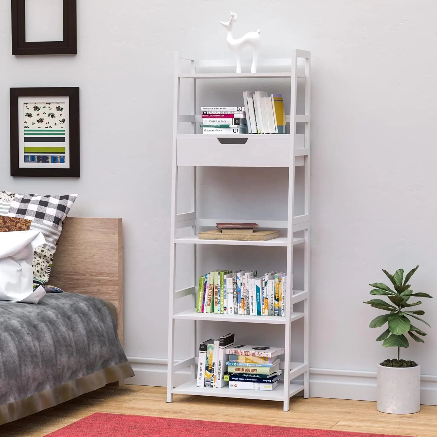 Upgraded Bookshelf Book Shelf with Drawers  Bookcase Storage Shelves Book case  Ladder Shelf for Bedroom  Living Room  White