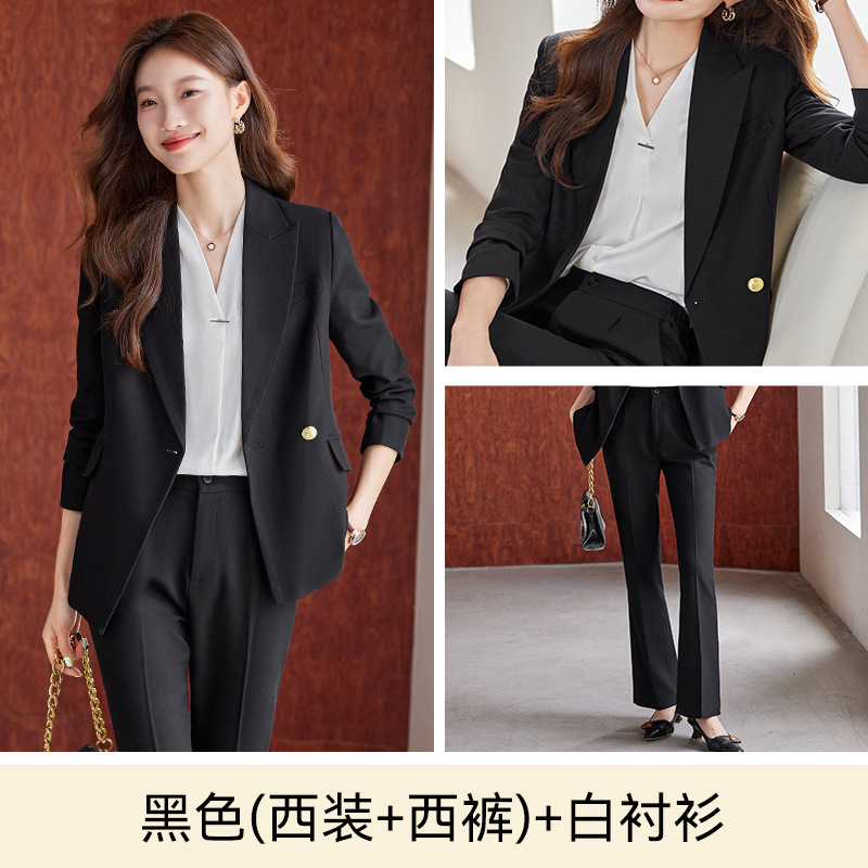 Black suit, white shirt, flared trousers