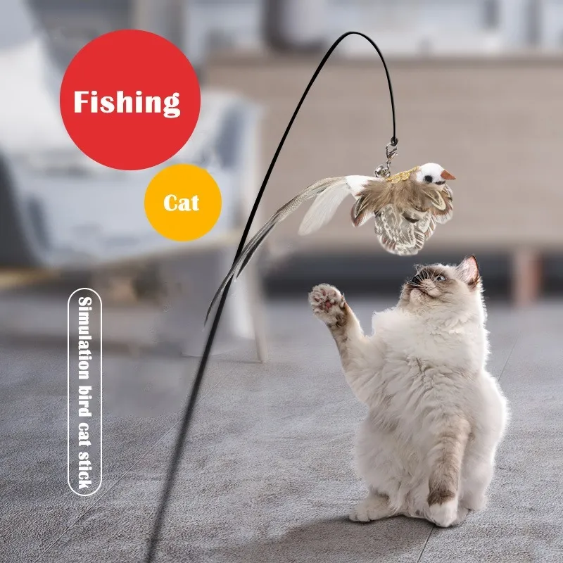 Simulation Bird Interactive Cat Toy Funny Feather Bird with Bell Cat Stick Toy for Kitten Playing Pet Toys