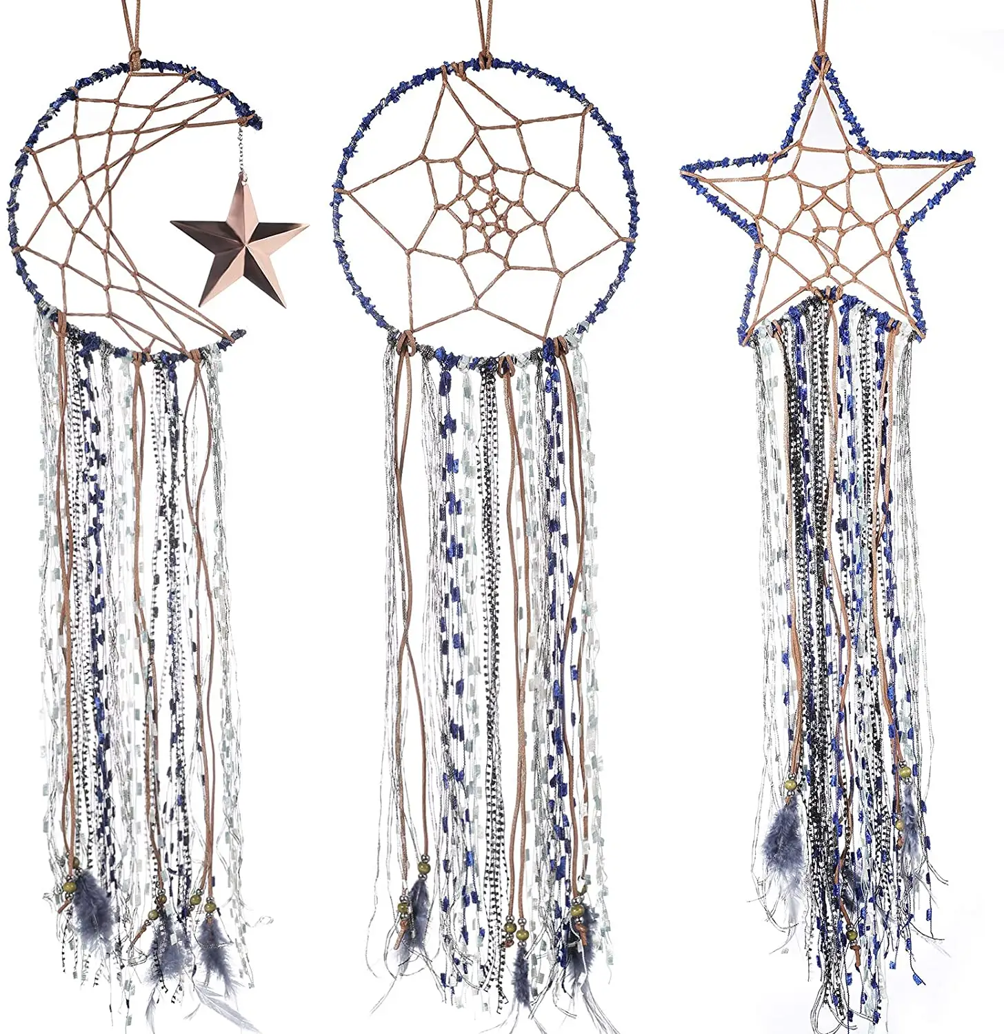 Hecho a mano de diseño tradicional 3 piezas sueño Catcher Luna sol estrella Boho Indian Dreamcatchers colgantes en la pared para la decoración del hogar