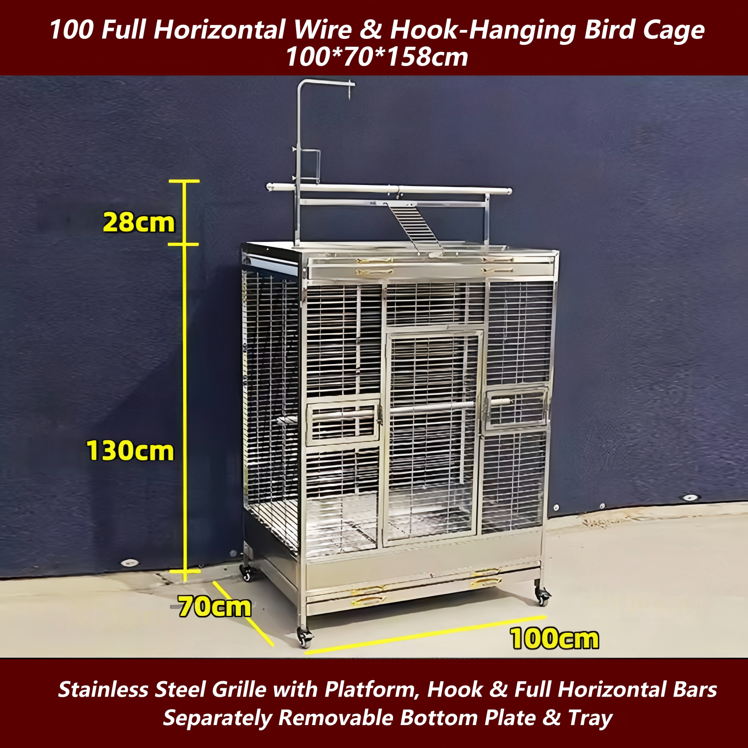 Cage à oiseaux argentée 100, modèle horizontal complet avec crochets métalliques, 100*70*158cm