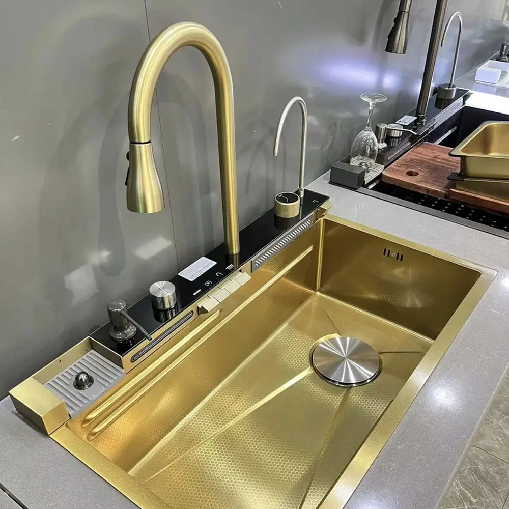 Altın SUS akıllı mutfak lavabo nano paslanmaz çelik el yapımı mutfak lavabo şelale mutfak lavabo ile dijital ekran