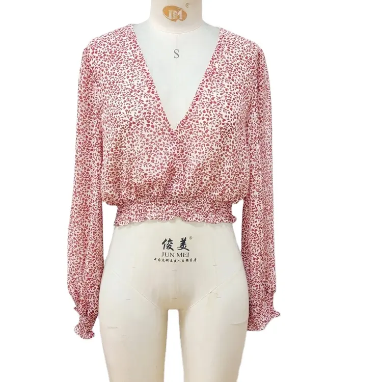 Super hot retro pequeno floral impressão camisa manga longa francês v-pescoço senhoras camisa do chiffon