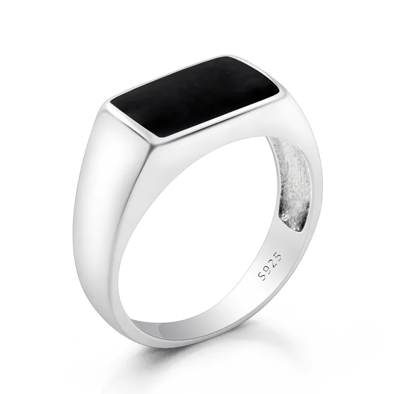 Bague en argent massif 925 pour homme et femme, bijou en émail noir, classique, à la mode, bijoux de fiançailles ou de mariage