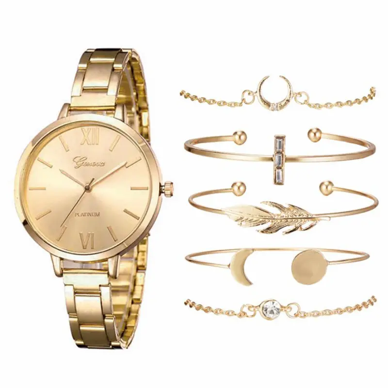 มาใหม่ Vogue ทองสแตนเลสนาฬิกาผู้หญิงสุภาพสตรีควอตซ์ชุดสร้อยข้อมือนาฬิกาสร้อยข้อมือ