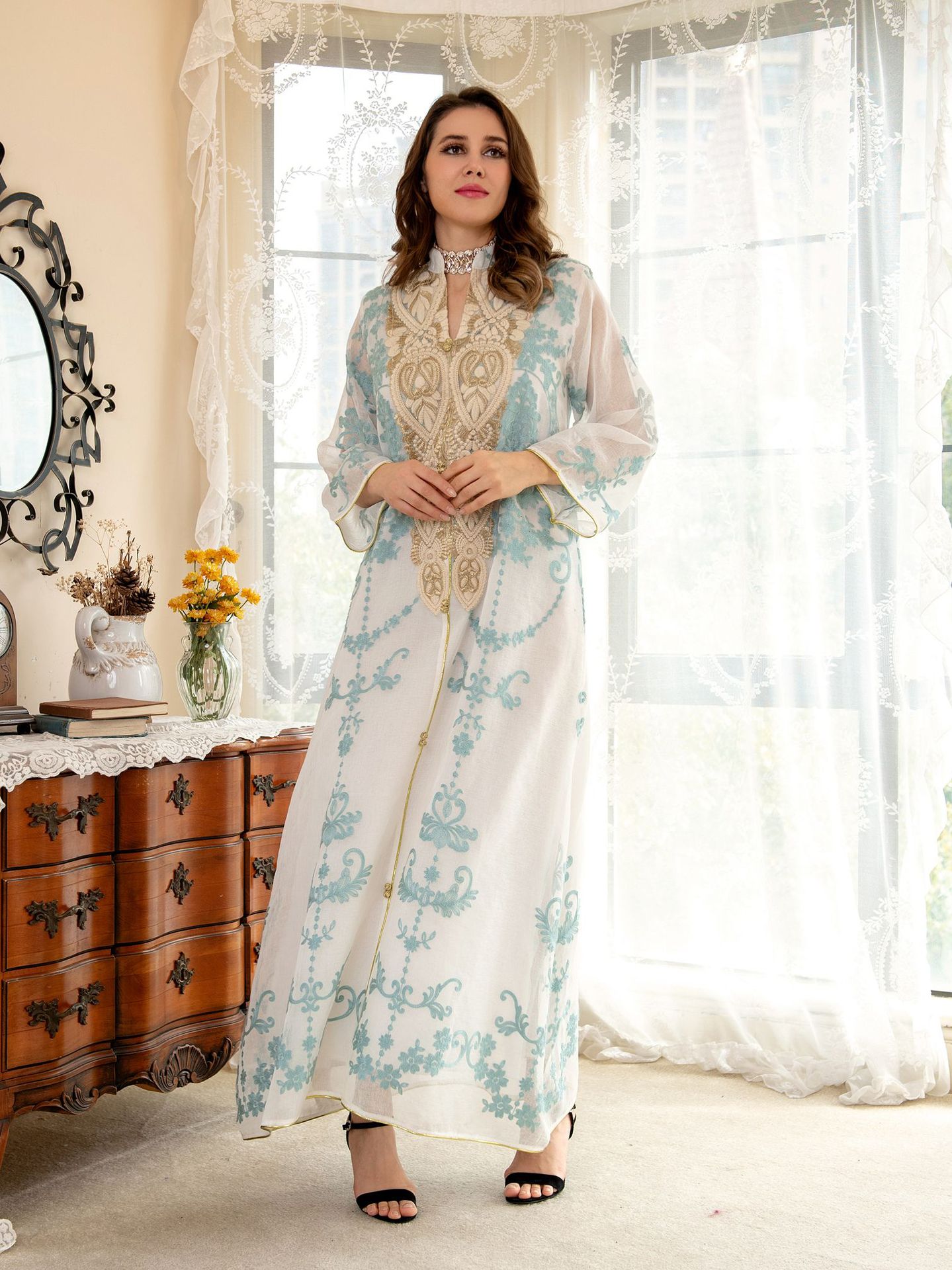 Dubai Arab Eid Al Fitr Middle East Gold Sequin Floral Embroidered Muslim Woman White Yarn Jalabiya Maxi Long Knee Length Dress