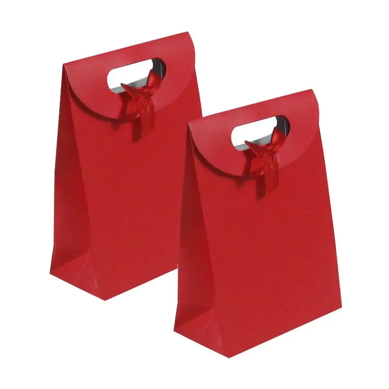 Kraft Paper Bag with Ribbon Festival Flip Cover Gift Bag for Christmas Wedding Birthday