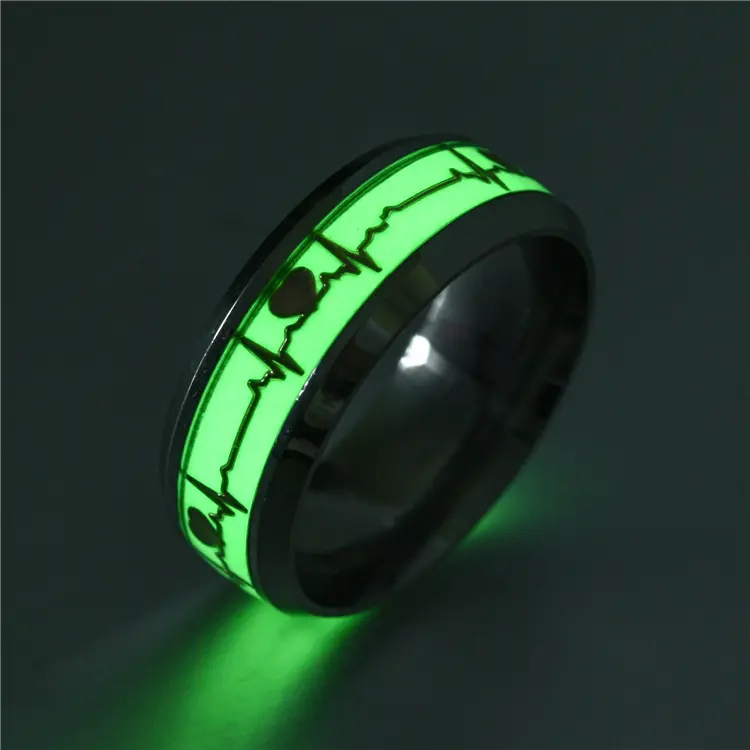 Design unico Elettrocardiogramma Battito Cardiaco glow in the dark anello di gioielli in acciaio inox argento luminoso anello per gli uomini