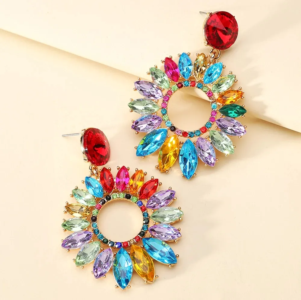Brincos boêmios redondos e multicoloridos, brincos boêmios de girassol de cristal multicolorido, brincos grandes para mulheres, designer de luxo, 2023