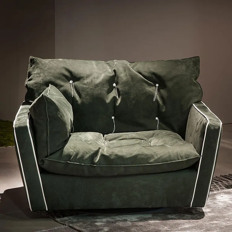 Marco de madera sólida de tela verde cómoda, sofá de un solo asiento, muebles de tela para sala de estar