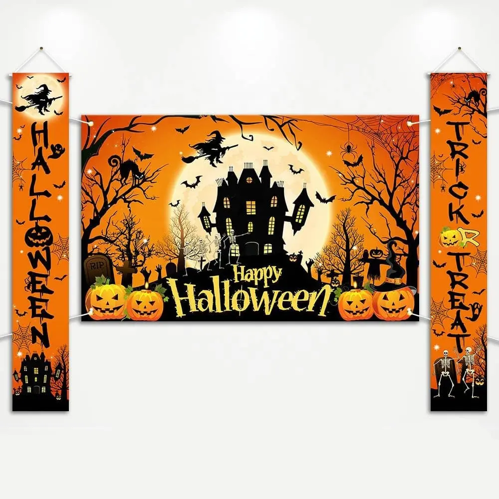 Trois pièces heureux Halloween bannière ensemble intérieur extérieur Halloween fête mur fond porte décoration décorations de fête