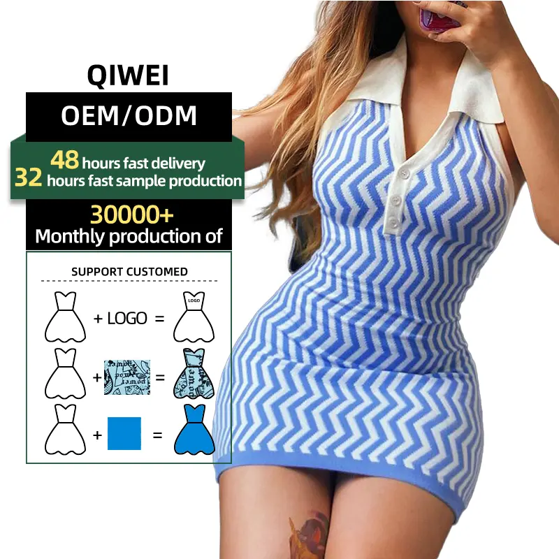 OEM/ODM אופנה פסים פולו צווארון שרוולים ללא משענת שמלות נשים מקרית ליידי קיץ אלגנטי מיני סקסי שמלת נשים