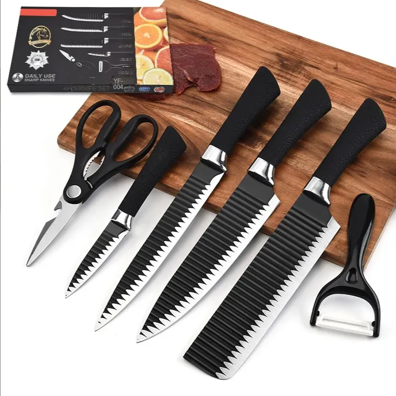 Juego de 6 Uds de cuchillos de cocina, cuchillo de cocina con revestimiento antiadherente, cortador de acero inoxidable para cortar la cocina del hogar