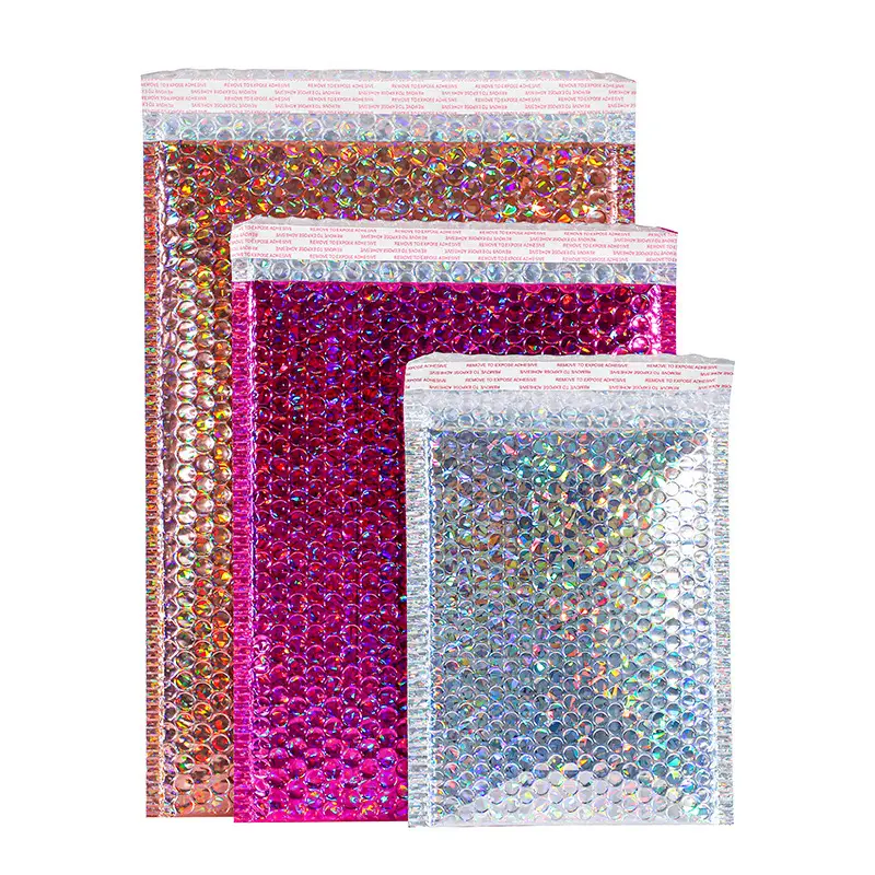 Custom Square Plastic Air Laser Colorful Express Hologram Holographic Rose Gold Bubble Envelopes Mailing Mailer Bag For Jewelry