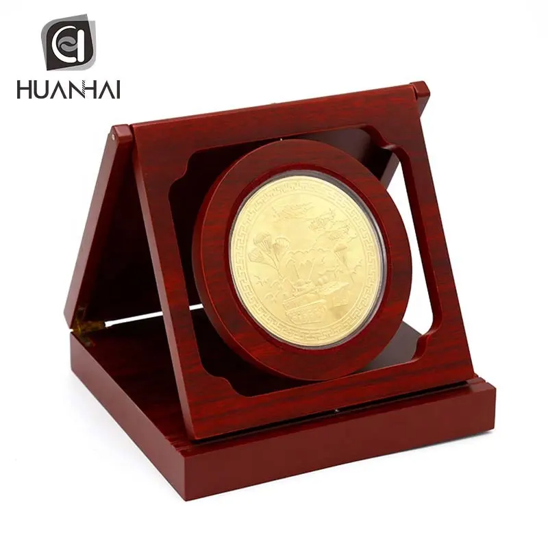 Regalo de recuerdo de metal personalizado, moneda de chapado en oro brillante de lujo con caja de madera