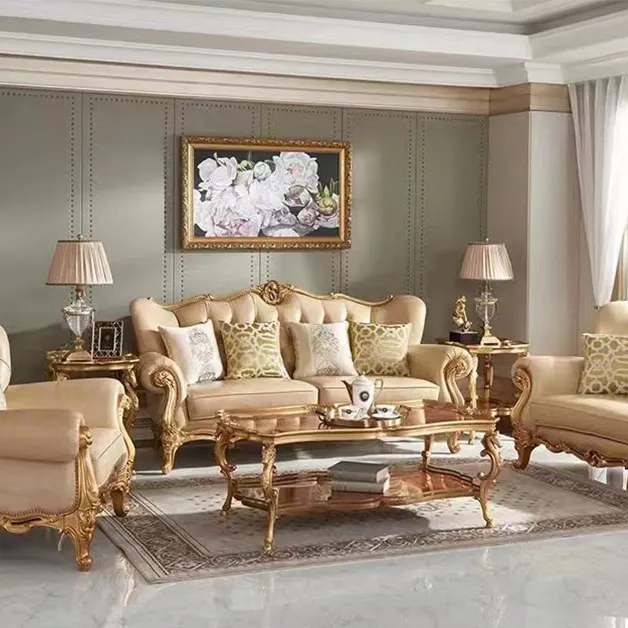 European-style sofa combination English-style villa living room complete furniture solid wood genuine Leather bed sofa set