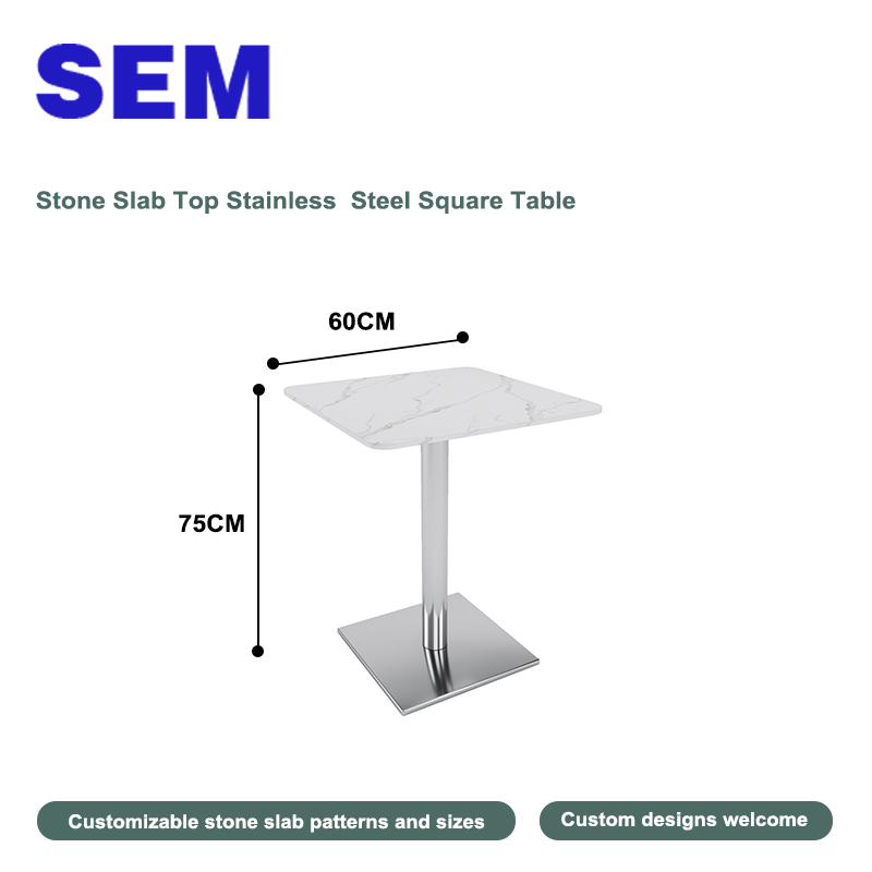 Table carrée en acier inoxydable avec plateau en dalle de pierre