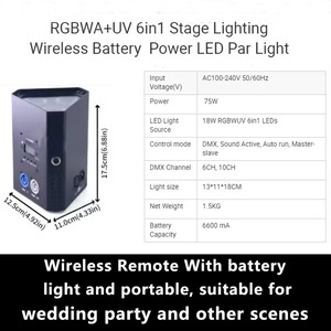 Uplights Batería Inalámbrica Par Light RGBWA + UV 3*18W DMX/IR/APP Control Batería Par Light Luces alimentadas por batería para pista de baile - Product Image 3