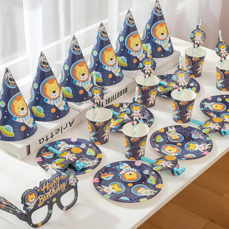 Nuevos vasos y platos de papel desechables Animal astronauta decoraciones para fiesta de cumpleaños tazas sombreros para platos de papel de feliz cumpleaños