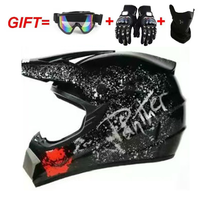 Gafas, máscara y guantes con diseño floral en negro brillante, rojo y negro.