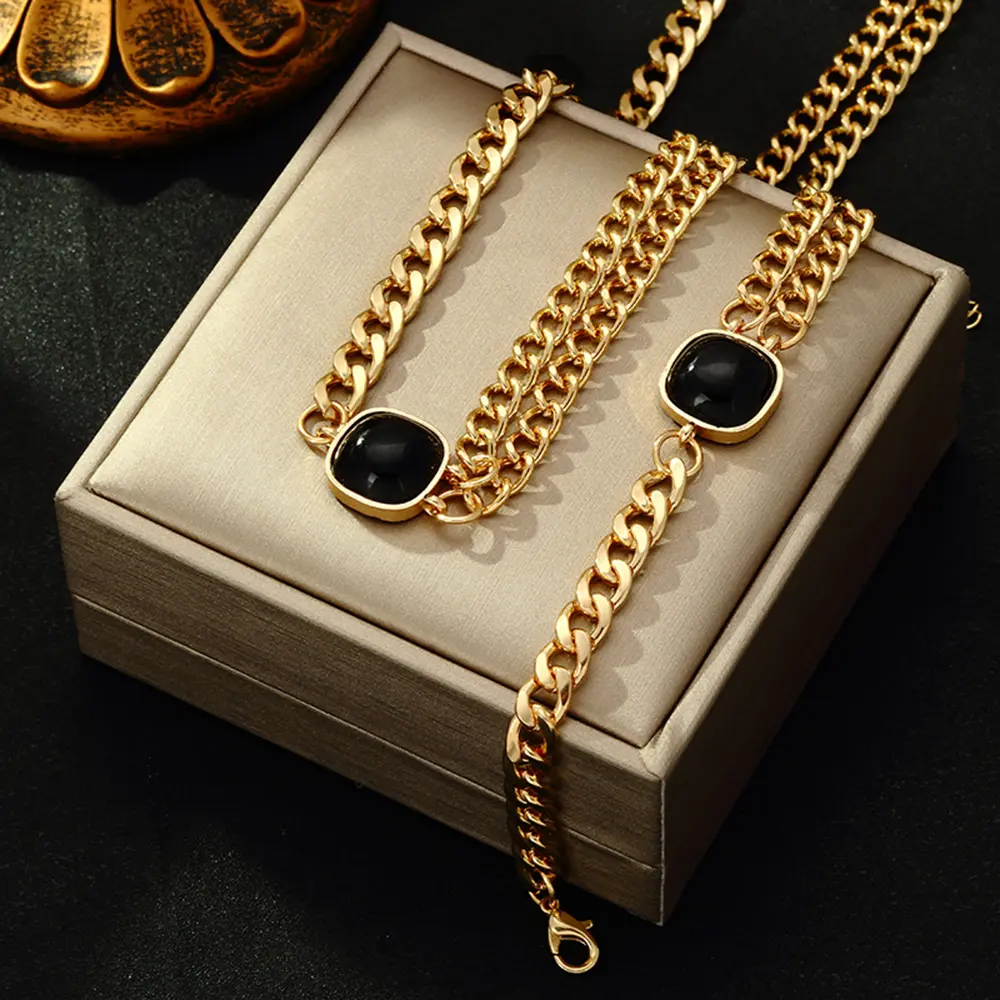 CDD New Fashion Europe Cuba Chain Gold Plated Square Accessory Black Stone Necklace Double Chain Bracelet For Hip-hop Jewelry