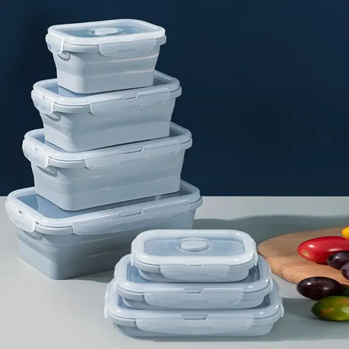 Оптовая продажа, Детские герметичные складные силиконовые контейнеры для еды с пластиковой крышкой
