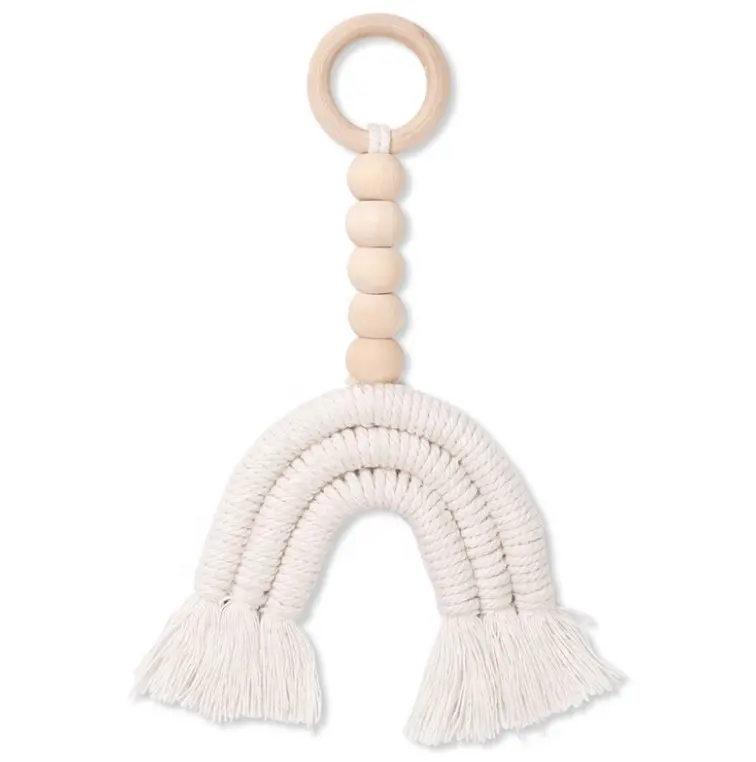 Venta al por mayor, cadena de cuentas de madera Natural rústica hecha a mano, macramé, arcoíris, colgante de pared para decoración de habitación de bebé y guardería