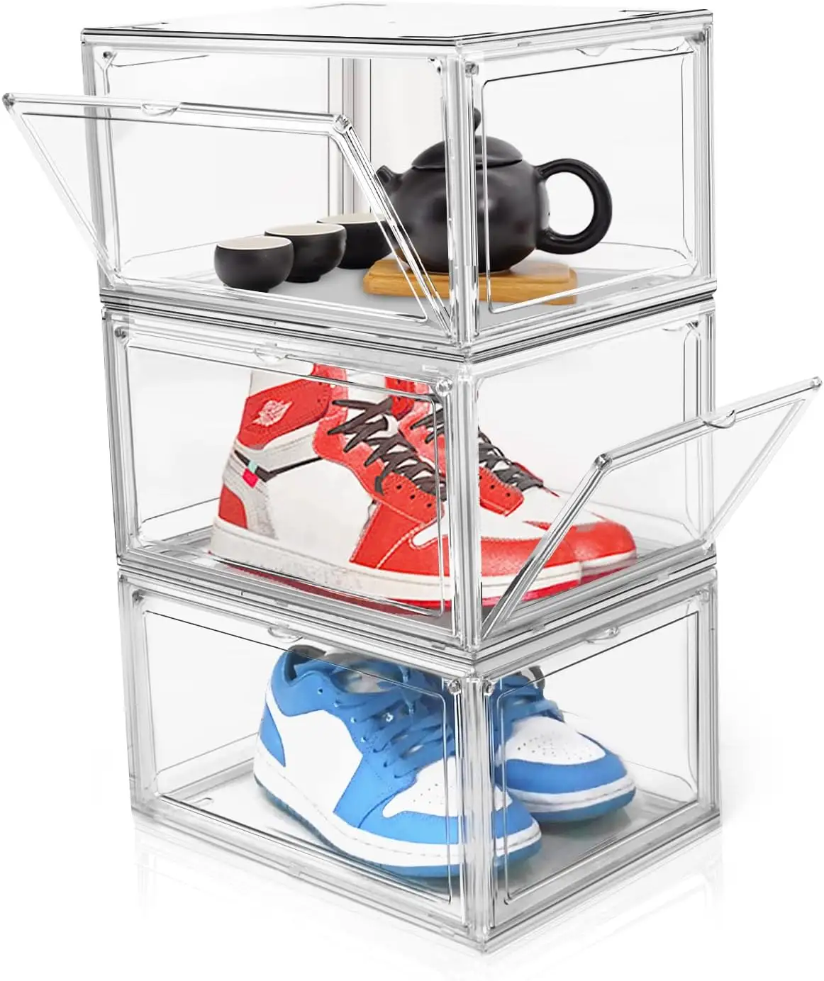 Transparente Magnetic Shoe Container Empilhável Transparente Shoe Storage Box Acrílico Double Door Plastic Shoe Organizer