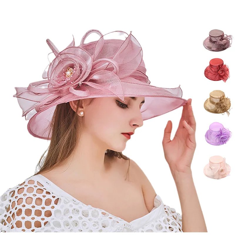من المصنع مباشرة شعار مخصص خمر طوي السيدات قبعة الكنيسة أزياء واسعة الحواف مظلة الزفاف قبعة