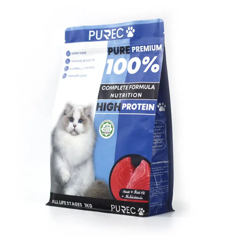 Sacchetto a fondo piatto per alimenti per cani con chiusura a zip richiudibile stampato personalizzato con sacchetto di imballaggio per alimenti per gatti con superficie opaca