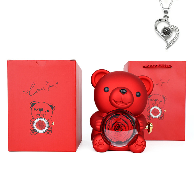 Red preserved flower gift box + crooked heart necklace (silver)
