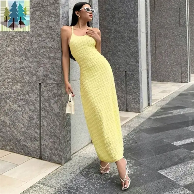 2022 autunno Party Club nuovi vestiti da donna 9292 Strap Cross Yellow senza maniche Backless Mixi Casual elegante Dress