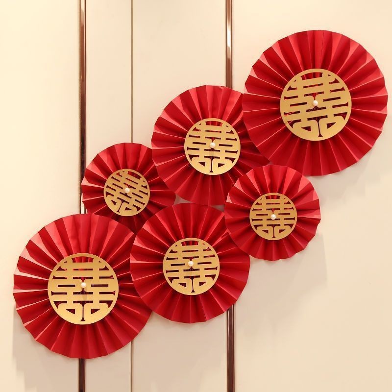 Red Round happiness paper fan 6 pack