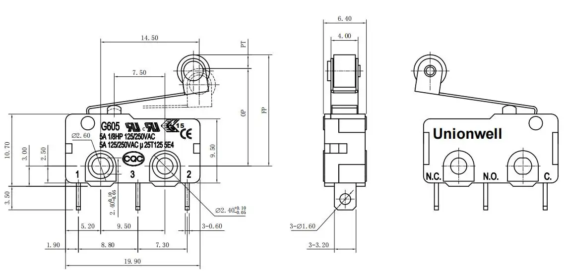 Zing-microinterruptores de fabricación de oreja 25t125 0.1A 5A 10A 12A, palanca de rodillo, actuador en miniatura, microinterruptor