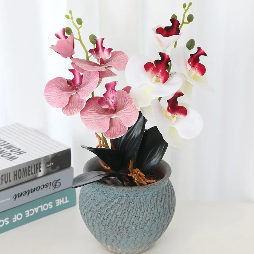 Orquídeas de látex con hojas de orquídeas, jarrón de vidrio artesanal, Decoración de mesa