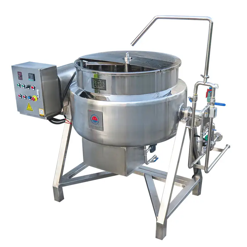 Good quality steam bottom scraping jacketed kettle for hot pot sauce 300L automatic discharging pork sauce jacketed kettle