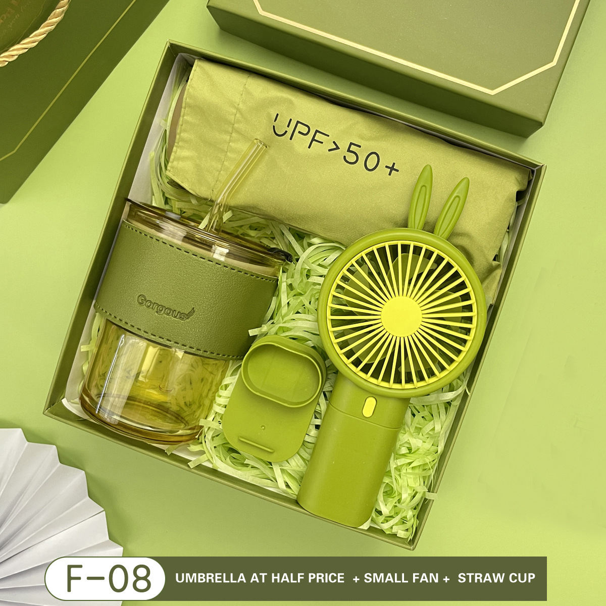 Tasse en verre, Mini ventilateur, Parapluie