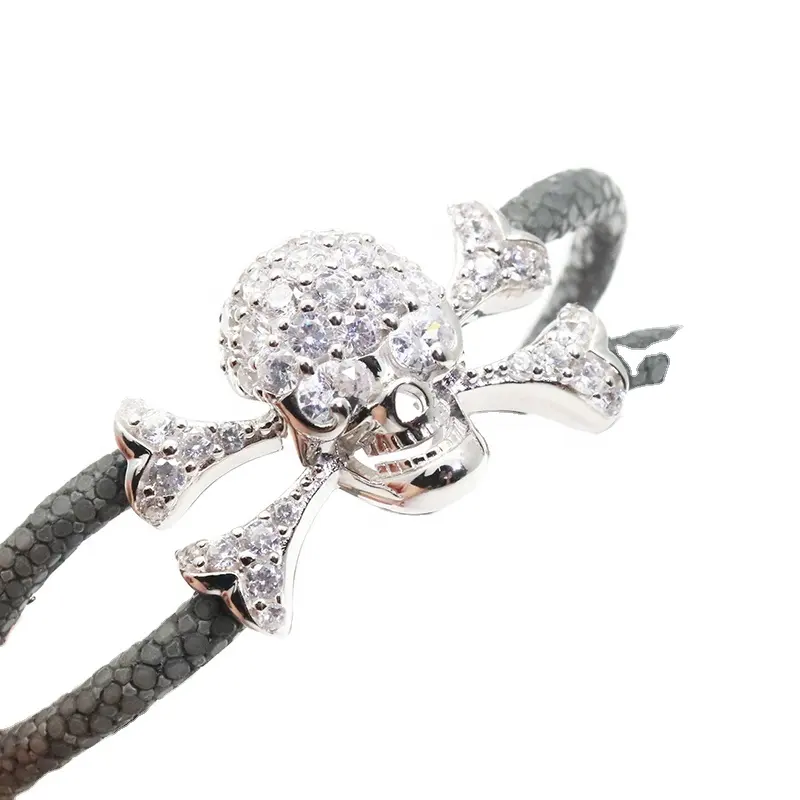 Bracelet de luxe en cuir véritable avec Zircon, bracelets crâne populaires