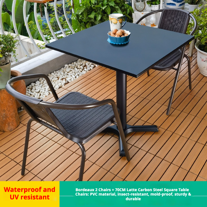 Bordeaux 2 chaises + table carrée 70cm latte acier carbone