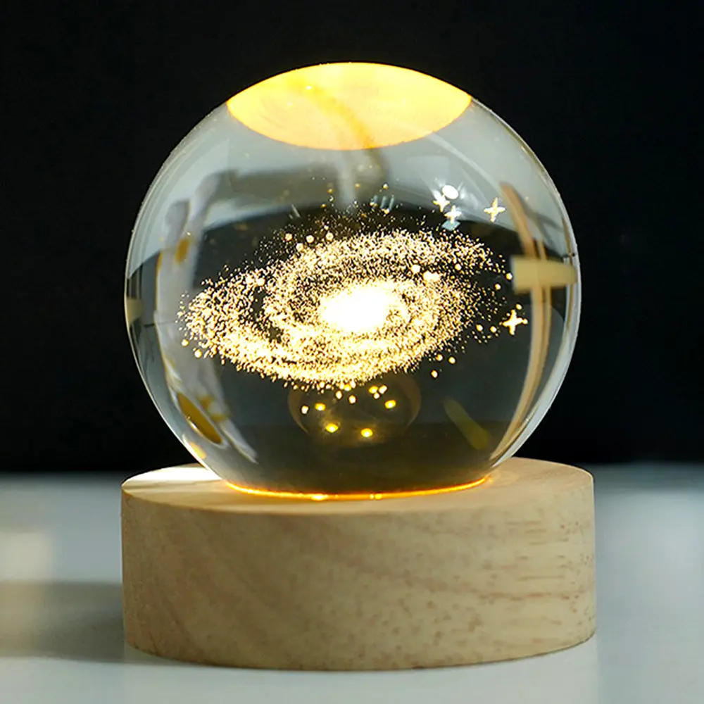 Système solaire en verre personnalisé de 6CM sphère de planète boule de cristal galaxie 3D veilleuse avec base éclairée en bois