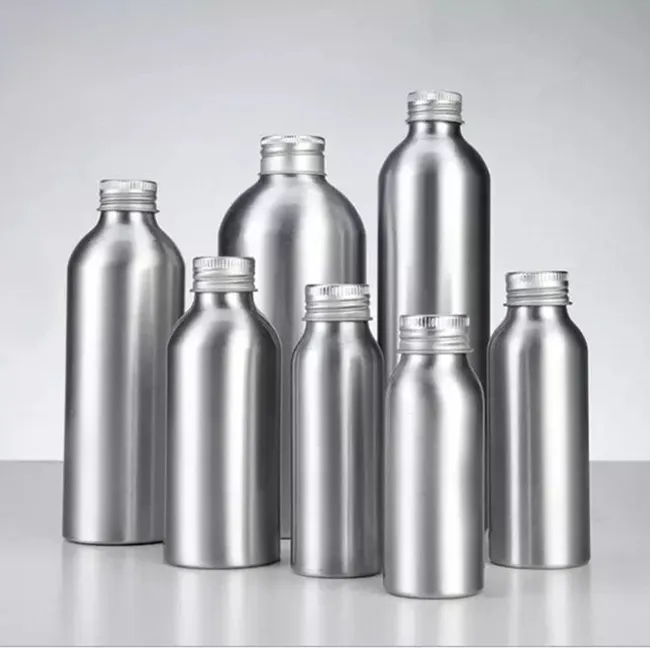 Envase de metal cosmético de aluminio vacío 50ml 100mL 200ml 250ml 500ml 1000ml 1250ml Botella de aluminio plateado con tapa de rosca