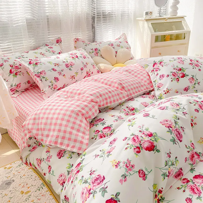Flowers Printed Four Season Polyester Pillowcase Embroidery 9 Pieces Quilt 6Pcs Bedding Set For Bedroom