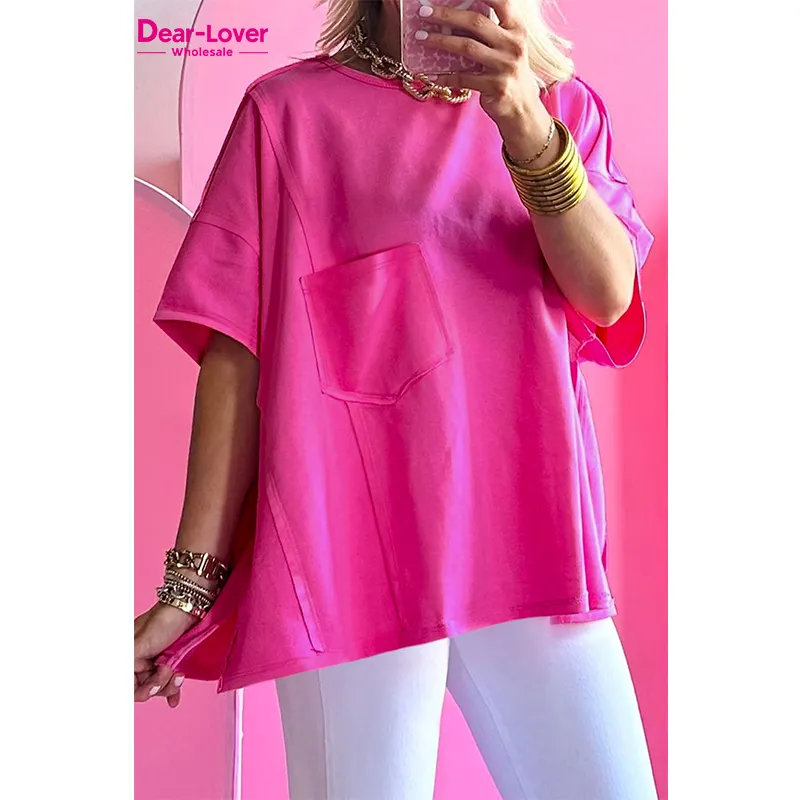 Dear-Lover Western Woman Clothing Ladies Bright Pink Patched Pocket Exposed Seam Oversize T-shirt Tops for Women