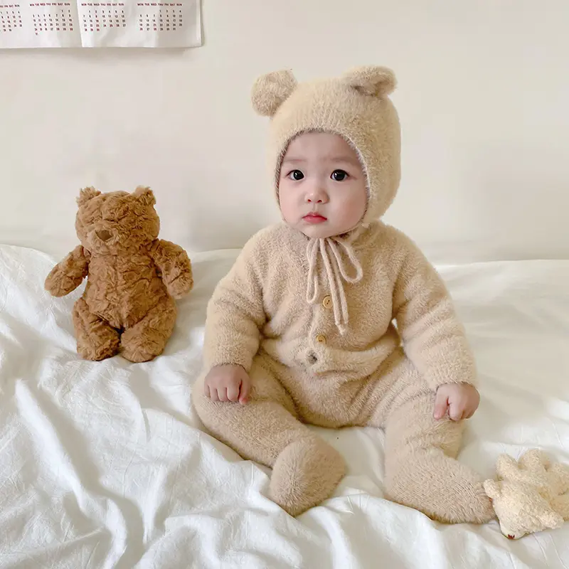 Combinaisons d'hiver en laine pour bébé avec chapeau d'ours, barboteuse pour nouveau-né, vêtements pour garçons et filles, salopette pour enfants
