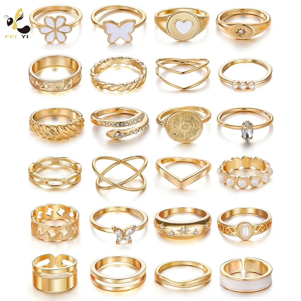 Juego de anillos de nudillos de oro impermeables para mujeres y niñas, juegos de anillos de dedo Midi bohemios apilables vintage lindos anillos estéticos Y2K