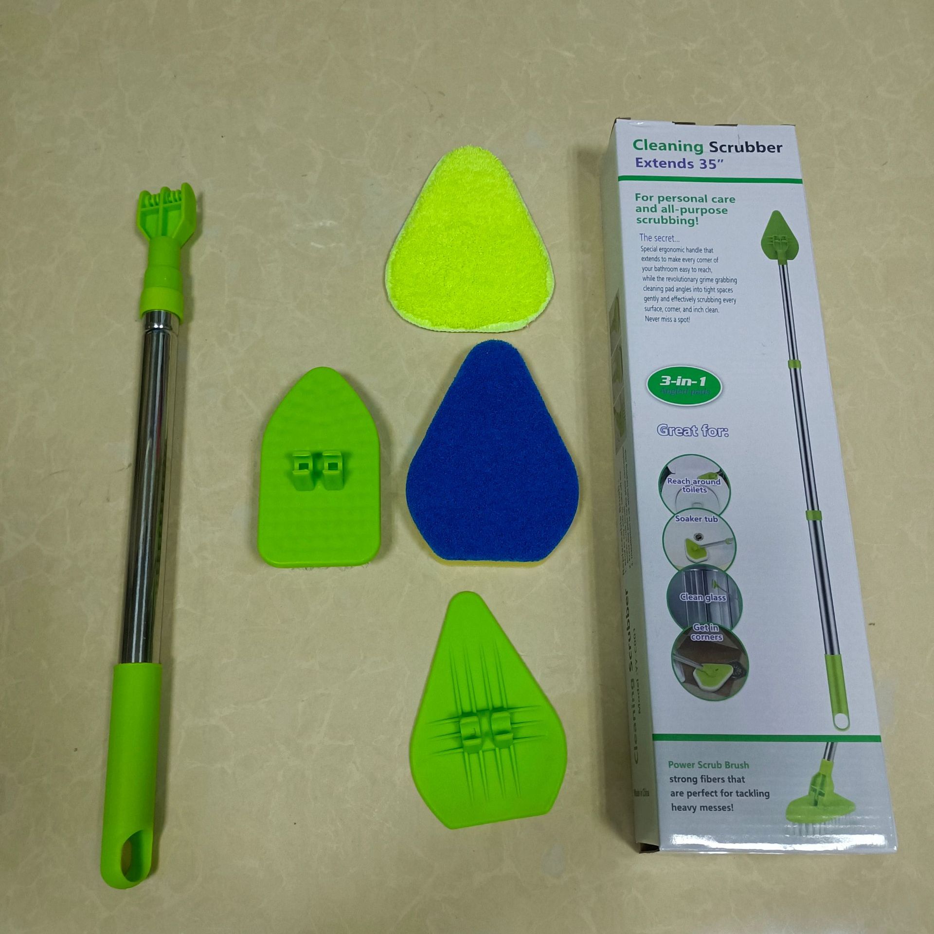 1 Tige 1 Brosse pour sol 1 Tête d'éponge 1 Tête en molleton corail