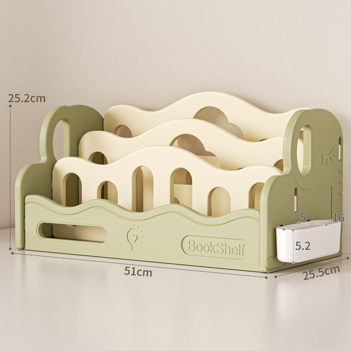 Bibliothèque de bureau éléphant vert et jaune.