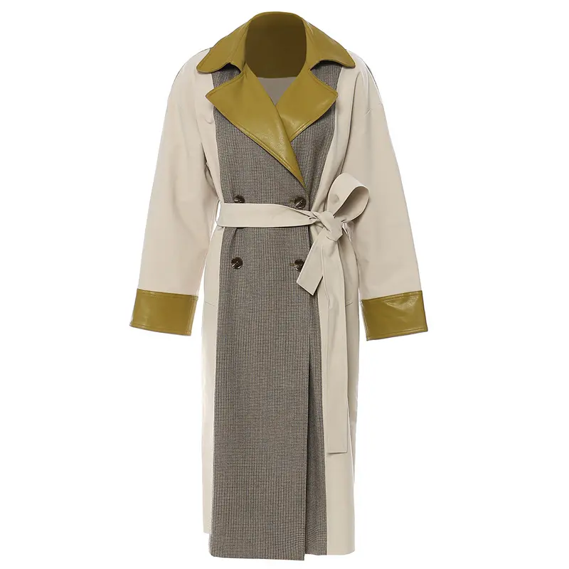 2023 mode femmes manteaux hiver Style britannique contraste couleur cuir Plaid Patchwork longue Trench veste pour dames